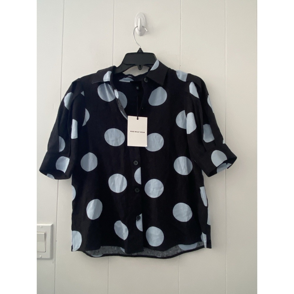 Who‎ What Wear Target Linen Blend Polka Dot Shirt Button Up Puff Sleeve XS NWT